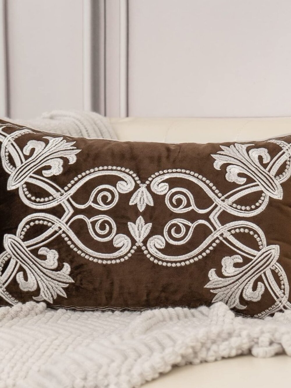European Floral Pillow Cover 12x20 Inch, Luxury Velvet Embroidered Decorative
